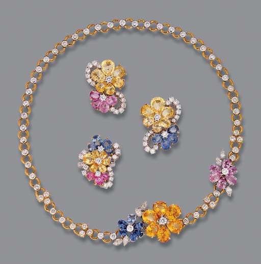 A SAPPHIRE AND DIAMOND SUITE OF JEWELLERY