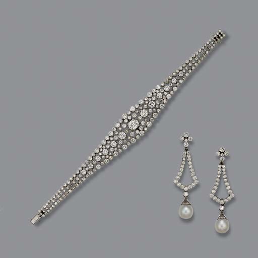 A DIAMOND BRACELET AND PAIR OF CULTURED PEARL AND DIAMOND EAR PENDANTS