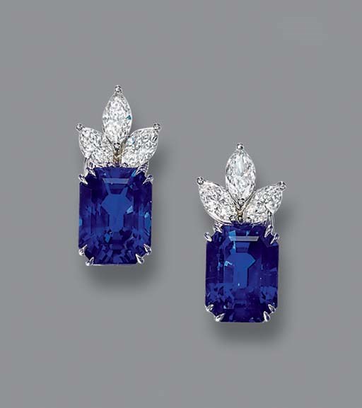A PAIR OF SAPPHIRE AND DIAMOND EARCLIPS