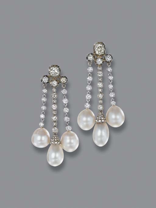 A PAIR OF DIAMOND, PEARL AND CULTURED PEARL EAR PENDANTS