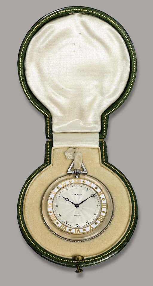 AN ART DECO ROCK CRYSTAL, DIAMOND AND ENAMEL POCKET WATCH, BY CARTIER