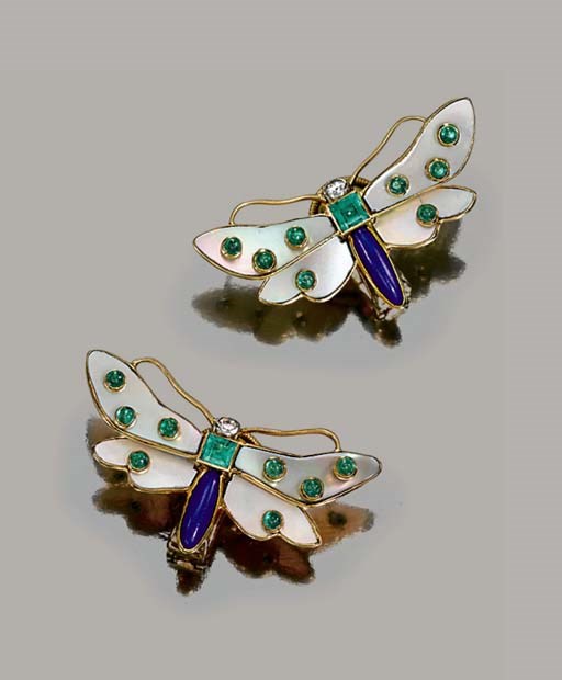 A PAIR OF GEM-SET BUTTERFLY EARCLIPS, BY CARTIER
