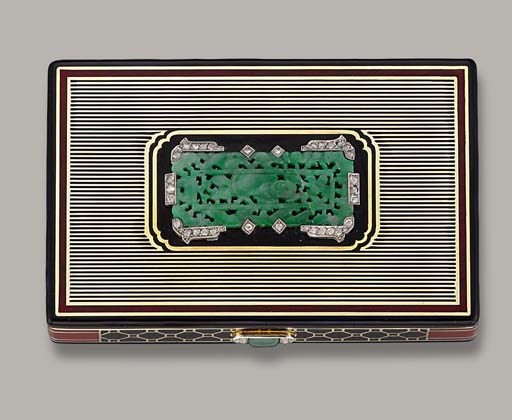 AN ART DECO JADE, ENAMEL AND DIAMOND VANITY CASE, BY CARTIER