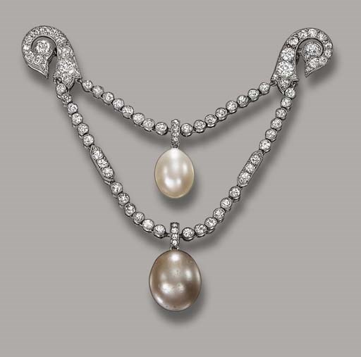 A BELLE EPOQUE PEARL AND DIAMOND 'DRAPERIE' JABOT PIN, BY CARTIER