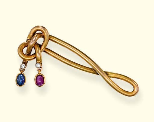 A SAPPHIRE, RUBY AND DIAMOND BROOCH, BY FABERGE