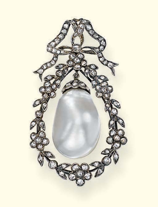 AN ANTIQUE PEARL AND DIAMOND BROOCH