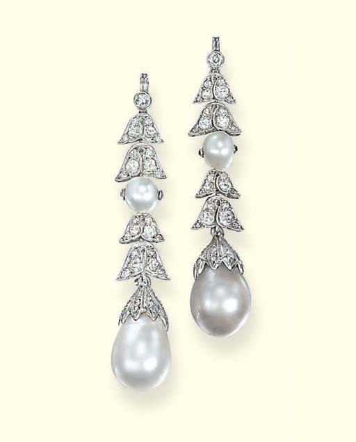 A PAIR OF PEARL, CULTURED PEARL AND DIAMOND EAR PENDANTS