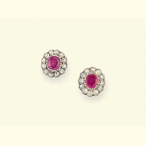 A PAIR OF ANTIQUE RUBY AND DIAMOND EARSTUDS