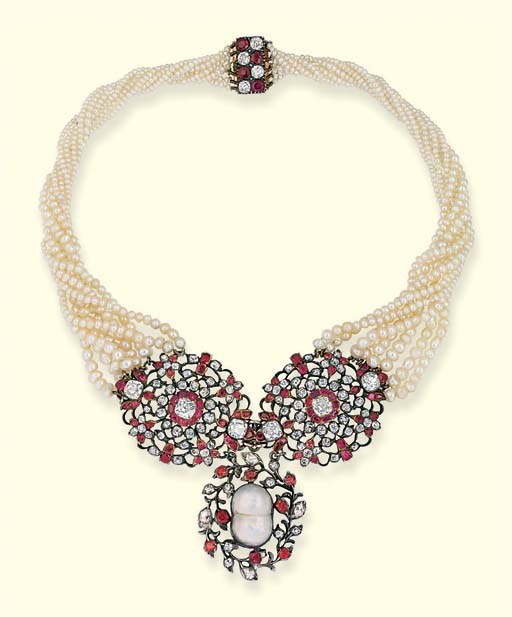 AN ANTIQUE RUBY, DIAMOND AND PEARL NECKLACE