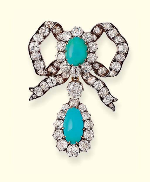 AN ANTIQUE TURQUOISE AND DIAMOND BOW BROOCH