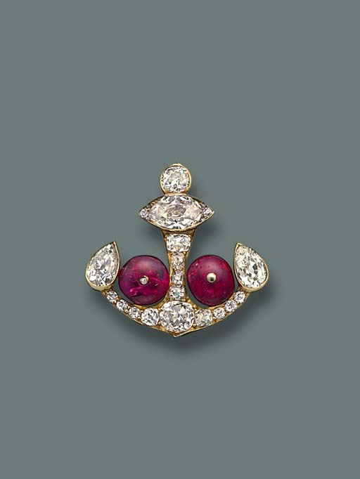 A RUSSIAN RUBY AND DIAMOND ANCHOR BROOCH
