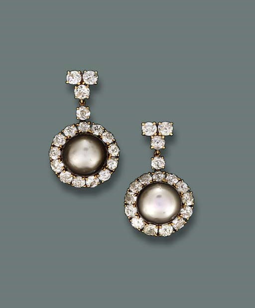 A PAIR OF BLACK PEARL AND DIAMOND EAR PENDANTS, BY CARTIER