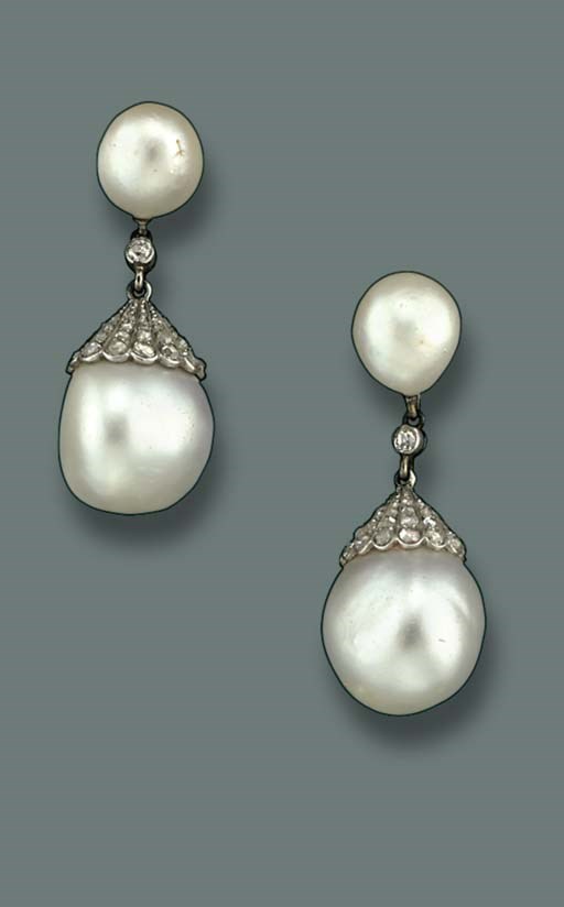A PAIR OF PEARL AND DIAMOND EAR PENDANTS