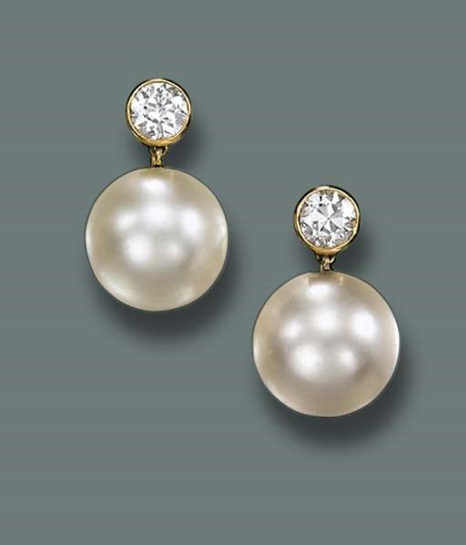 A PAIR OF PEARL AND DIAMOND EAR PENDANTS