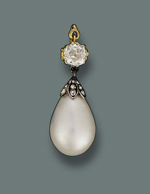 AN ANTIQUE PEARL AND DIAMOND PENDANT