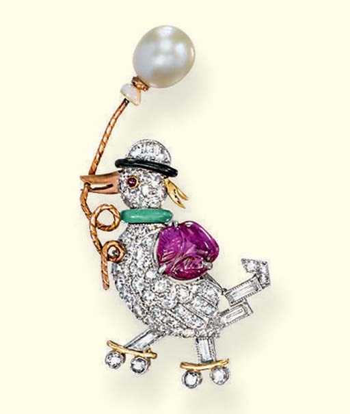 AN ART DECO DIAMOND AND GEM-SET DUCK BROOCH, BY RAYMOND YARD