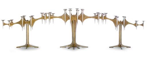 AN ELIZABETH II MASSIVE THREE-SECTION THIRTY-FOUR LIGHT PARCEL-GILT SILVER CANDELABRUM CENTREPIECE