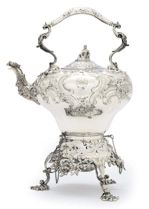 A VICTORIAN SILVER TEA-KETTLE, STAND AND LAMP