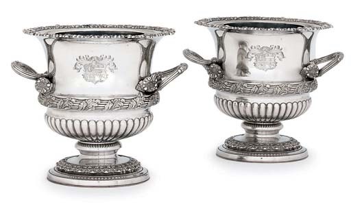 A PAIR OF OLD SHEFFIELD PLATE WINE COOLERS, COLLARS AND LINERS