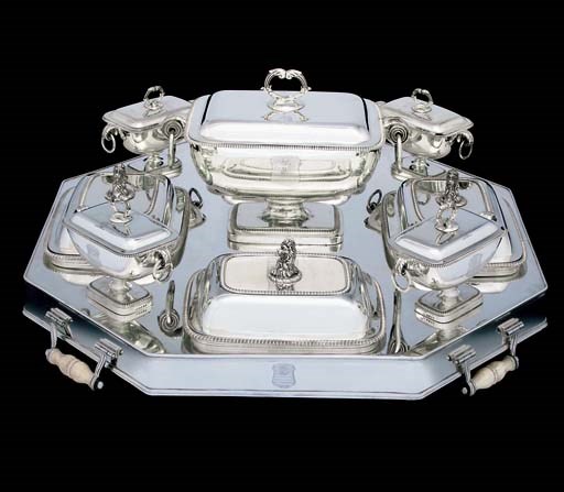 A GEORGE III NINE-PIECE SILVER SUPPER SET ON AN OLD SHEFFIELD PLATE STAND