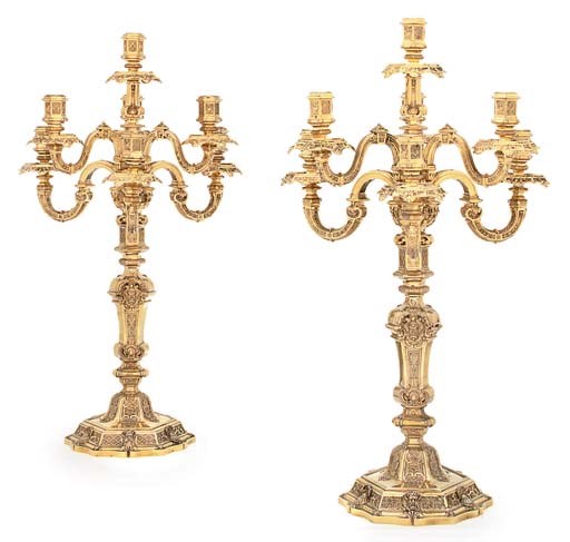 A MASSIVE PAIR OF FRENCH SILVER-GILT SEVEN-LIGHT CANDELABRA