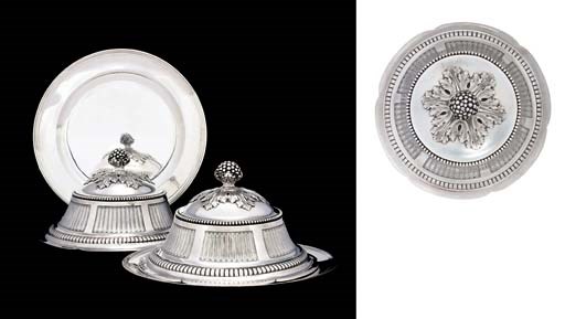 A PAIR OF LOUIS XV SILVER DISH COVERS PROBABLY FOR THE RUSSIAN MARKET AND A PAIR OF RUSSIAN SILVER DISHES