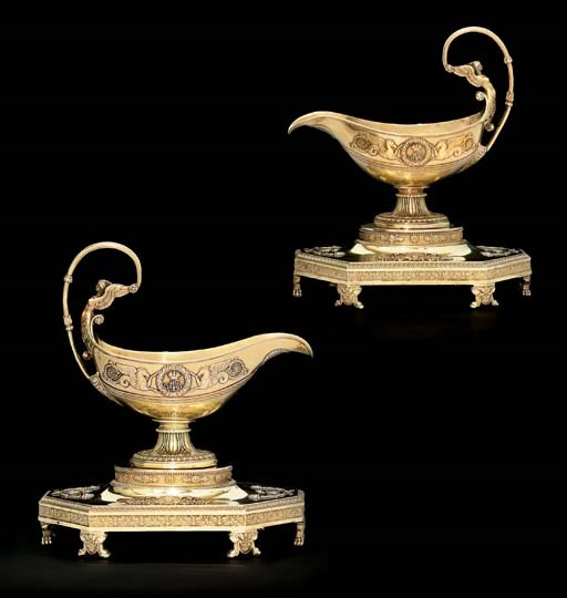 A PAIR OF FRENCH SILVER-GILT SAUCEBOATS AND STANDS FROM THE GRAND DUKE MIKHAIL PAVLOVICH SERVICE