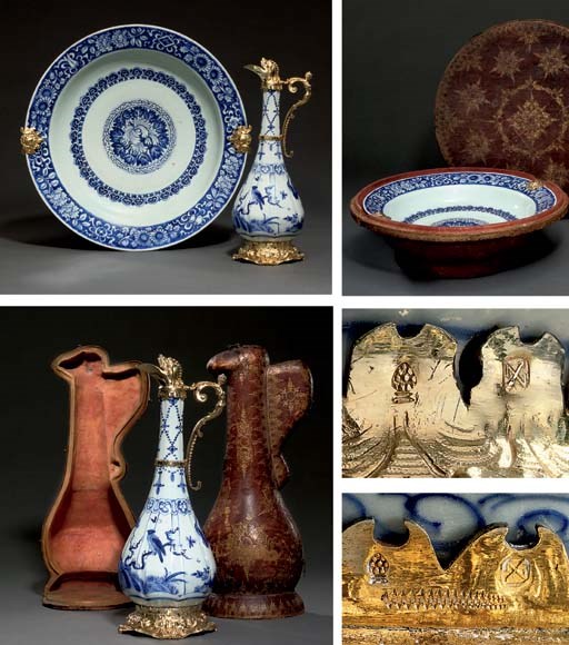A RARE AND IMPORTANT GERMAN SILVER-GILT MOUNTED CHINESE PORCELAIN EWER AND DISH