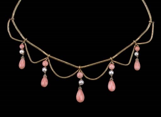 AN ANTIQUE PINK CORAL AND PEARL NECKLACE