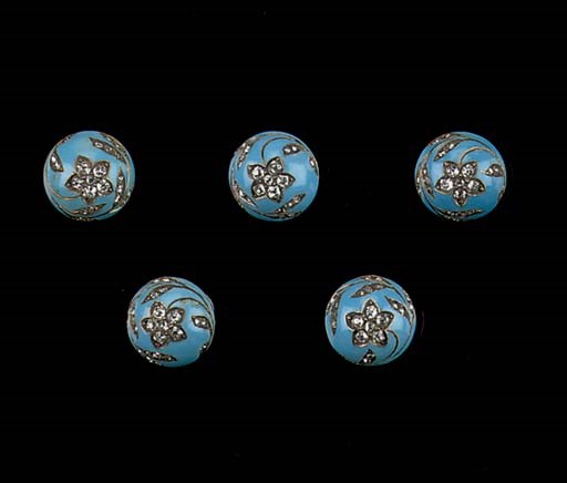 AN ANTIQUE BLUE ENAMEL AND DIAMOND GENTLEMAN'S DRESS SET