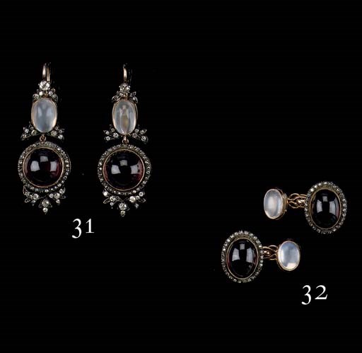 A PAIR OF GARNET, MOONSTONE AND DIAMOND EARRINGS