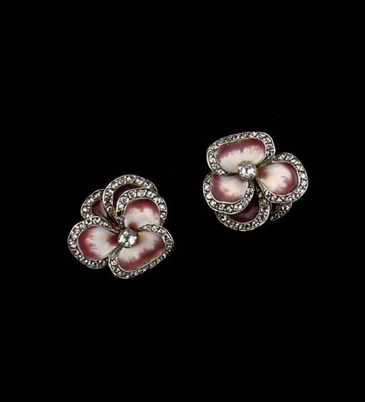 A PAIR OF ENAMEL AND ROSE-CUT DIAMOND EARRINGS