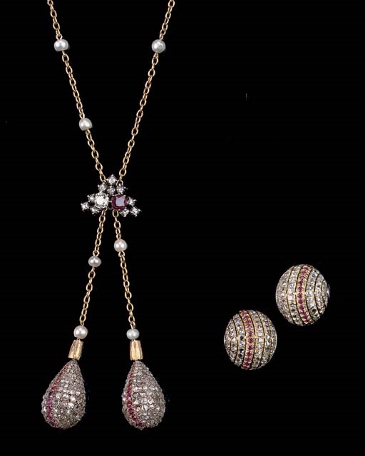 A PAIR OF RUBY AND DIAMOND EARCLIPS AND A RUBY AND DIAMOND NECKLACE