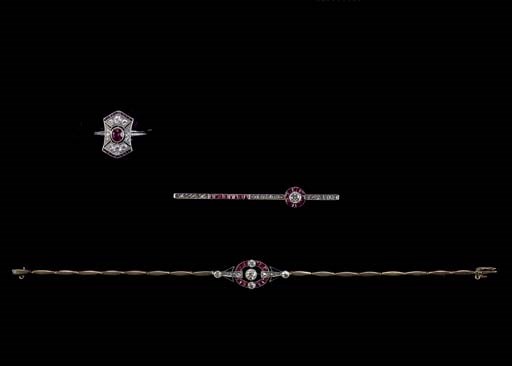 THREE PIECES OF ART DECO DIAMOND AND RUBY JEWELLERY