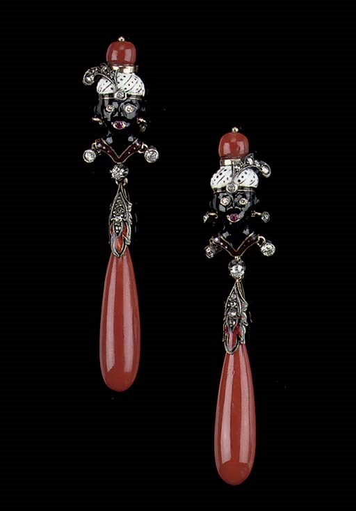 A PAIR OF ENAMEL, CORAL AND DIAMOND EARRINGS