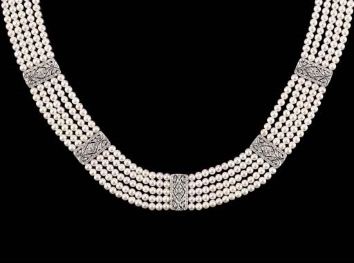A CULTURED PEARL AND DIAMOND CHOKER