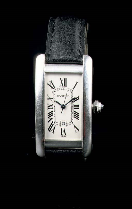 AN 18K WHITE GOLD AUTOMATIC RECTANGULAR WRISTWATCH WITH SWEEP CENTRE SECONDS AND DATE, BY CARTIER
