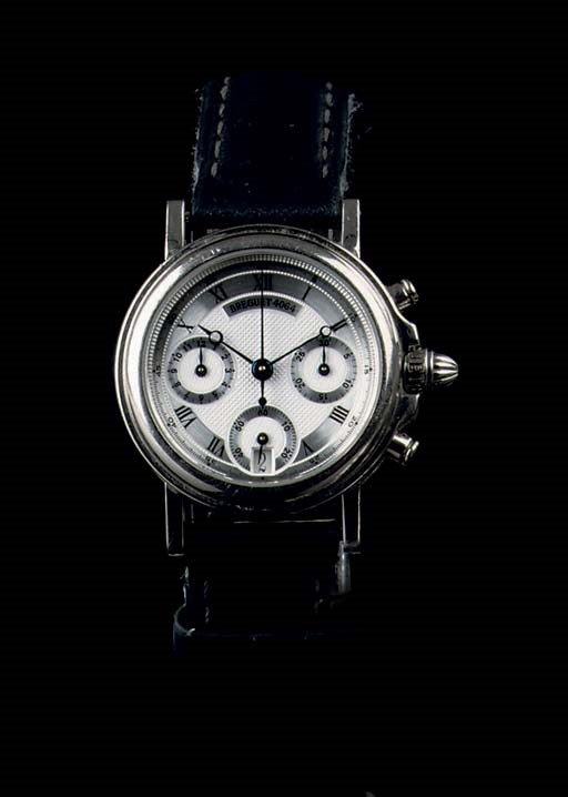 A LADY'S 18K WHITE GOLD AUTOMATIC CHRONOGRAPH WRISTWATCH WITH DATE, BY BREGUET
