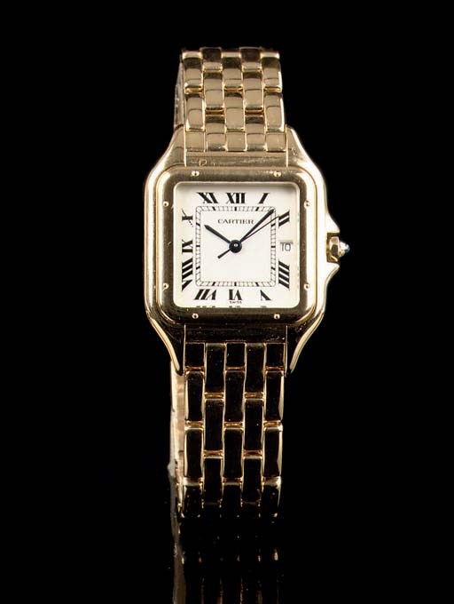AN 18K GOLD WATER RESISTANT WRISTWATCH WITH SWEEP CENTRE SECONDS AND DATE, BY CARTIER