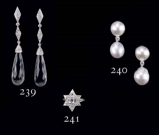 A PAIR OF ROCK CRYSTAL AND DIAMOND EAR PENDANTS