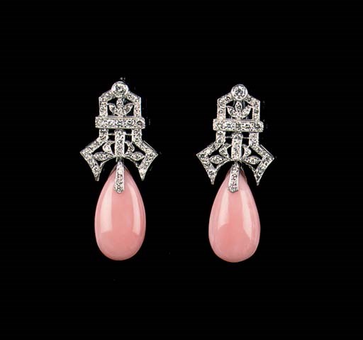 A PAIR OF CORAL AND DIAMOND EARRINGS