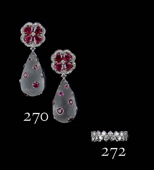 A PAIR OF ROCK CRYSTAL, RUBY AND DIAMOND EAR PENDANTS