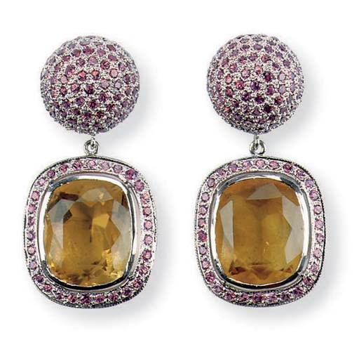 A PAIR OF CITRINE AND PINK TOURMALINE EARRINGS