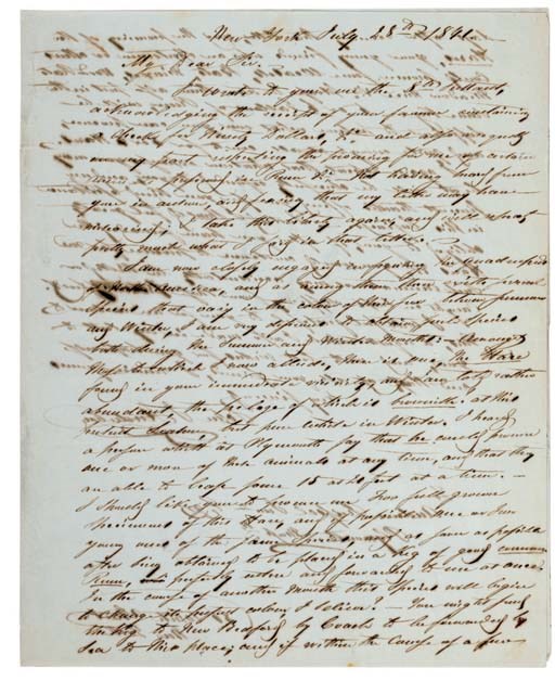 AUDUBON, John James (1785-1851). Autograph letter signed ("John J. Audubon") to Andrew Russell of Plymouth, Massachusetts, New York, 28 July 1841. 2 pages, 4to, with integral address leaf, some bleed through.