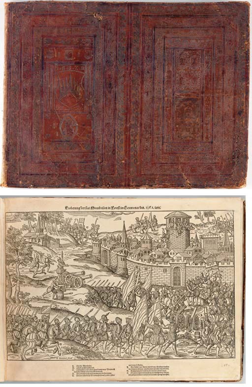 TORTOREL, Jacques and Jean PERRISSIN (ca 1536-1611). Der Erste Tail. Mancher layen gedenckwirdiger historien von Kried, mord und aufrueren welche sich diese verloffene nechste tail iaren hehr in francreich zugetragen. Vol. I (all published). [Geneva: J. de Laon?, ca 1570.]
