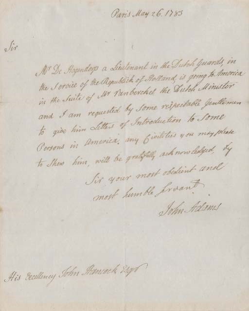 ADAMS, John. Autograph letter signed ("John Adams"), as American minister, TO JOHN HANCOCK, Paris, 26 May 1783. 1 page, 4to bifolium. FINE.