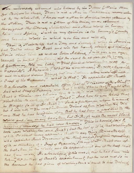 ADAMS, John (1732-1826). Autograph letter signed ("John Adams"), to Dr. Benjamin Rush (1746-1813), Quincy, 8 January 1812. 4 full pages, 4to, nearly invisible mends to small tears at creases.