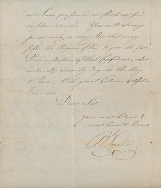 FRANKLIN, Benjamin (1706-1790) Signer (Pennsylvania). Autograph letter signed B. Franklin," with large flourish, TO DAVID HARLTLEY (1732-1813), British co-signer of the Treaty of Paris (1783), Passy, [France], 19 October 1779. 2 pages, 4to. Written in Franklin's most elegant cursive italic hand, and in mint condition.