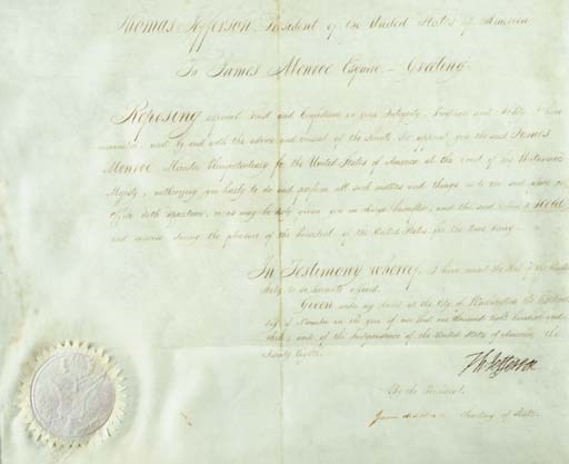 JEFFERSON, Thomas (1743-1826). Document signed ("Th: Jefferson"), as President, CO-SIGNED BY JAMES MADISON ("James Madison"), as Secretary of State, Washington, 18 November 1803. JAMES MONROE'S APPOINTMENT AS MINISTER TO GREAT BRITAIN. 1 page, large folio, on vellum, accomplished in a secretarial hand, paper seal in lower left corner, matted and framed (25 x 27¾ in.). Not examined out of frame.