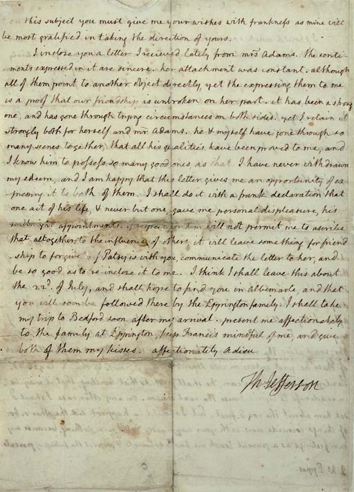 JEFFERSON, Thomas (1743-1826). Autograph letter signed ("Th: Jefferson"), as President, to J. W. Eppes, his son-in-law, Washington, 4 June 1804. 2 pages, recto and verso, 4to, slight stains and wear at creases, catching one letter of text. Mounted and framed alongside a copy of the recto. Not examined out of frame.